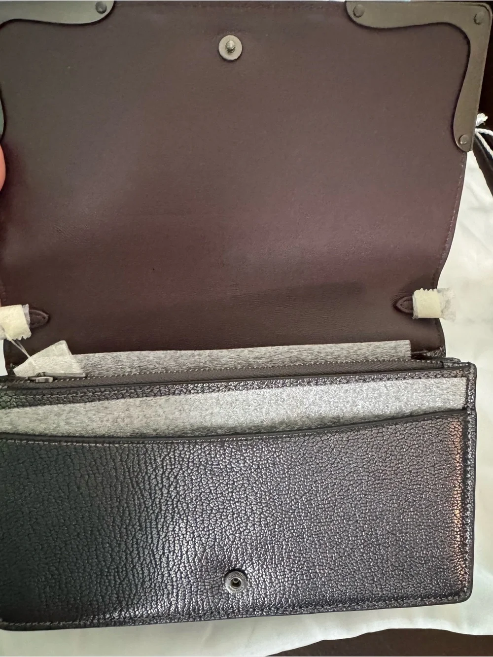 COACH Metallic Pewter Floral Appliqué Leather Foldover Chain Clutch